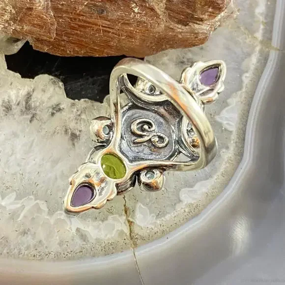Carolyn Pollack Sterling Silver Elongated Multi Gemstone Ring Size 8 For Women - Picture 7 of 10